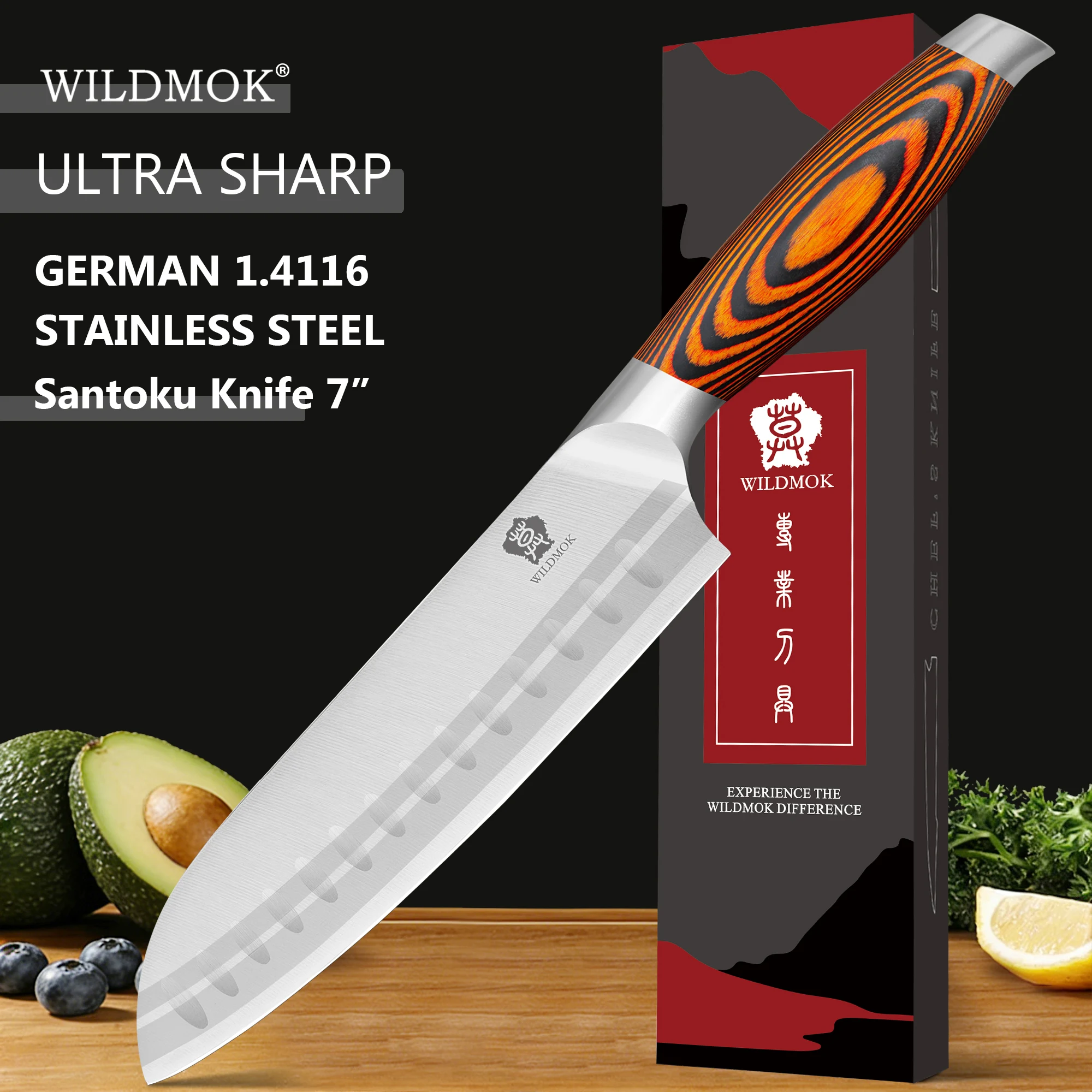 WILDMOK 7 Inch German Steel Santoku Knife,Sharp Meat Knife with Orange Pakkawood Handle
WILDMOK 7 Inch German Steel Santoku Knife,Sharp Meat Knife with Orange Pakkawood Handle