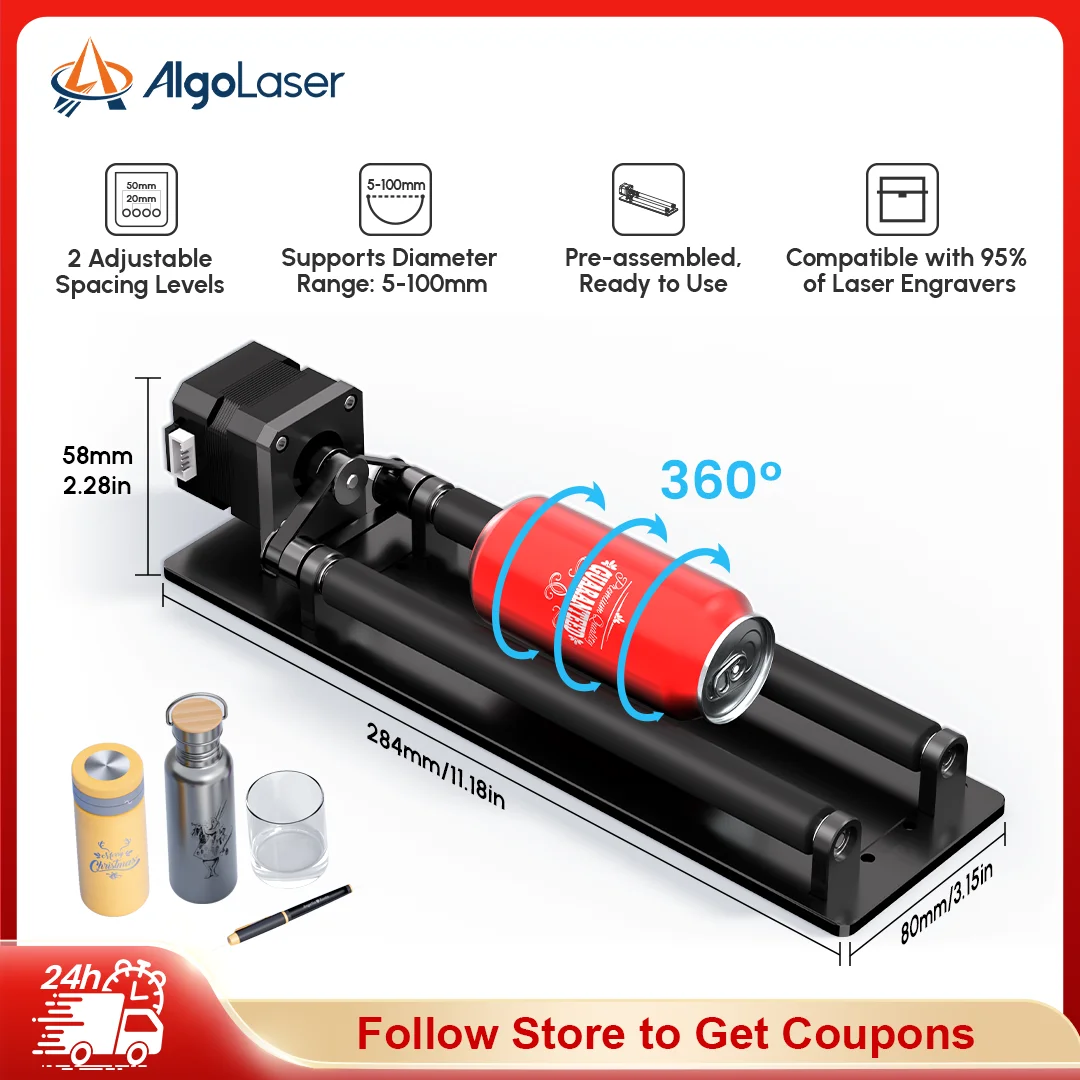 AlgoLaser ARR Y-Axis Rotary Roller 360° Rotating for 95% Laser Engraver Universal Accessories for Engraving Cylindrical Objects
AlgoLaser ARR Y-Axis Rotary Roller 360° Rotating for 95% Laser Engraver Universal Accessories for Engraving Cylindrical Objects