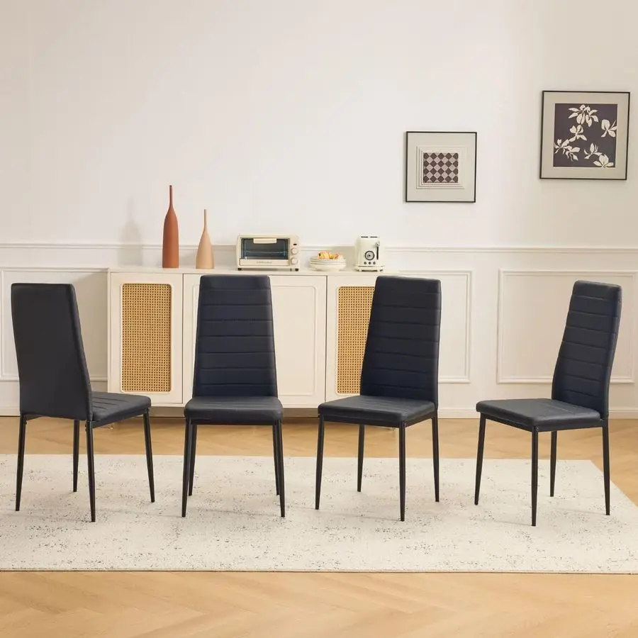 Комплект из 4 обеденных стульев, черные кухонные стулья из искусственной кожи с мягкими высокими спинками и защитой ножек, для столовой, с возможностью индивидуальной настройки
Комплект из 4 обеденных стульев, черные кухонные стулья из искусственной кожи с мягкими высокими спинками и защитой ножек, для столовой, с возможностью индивидуальной настройки