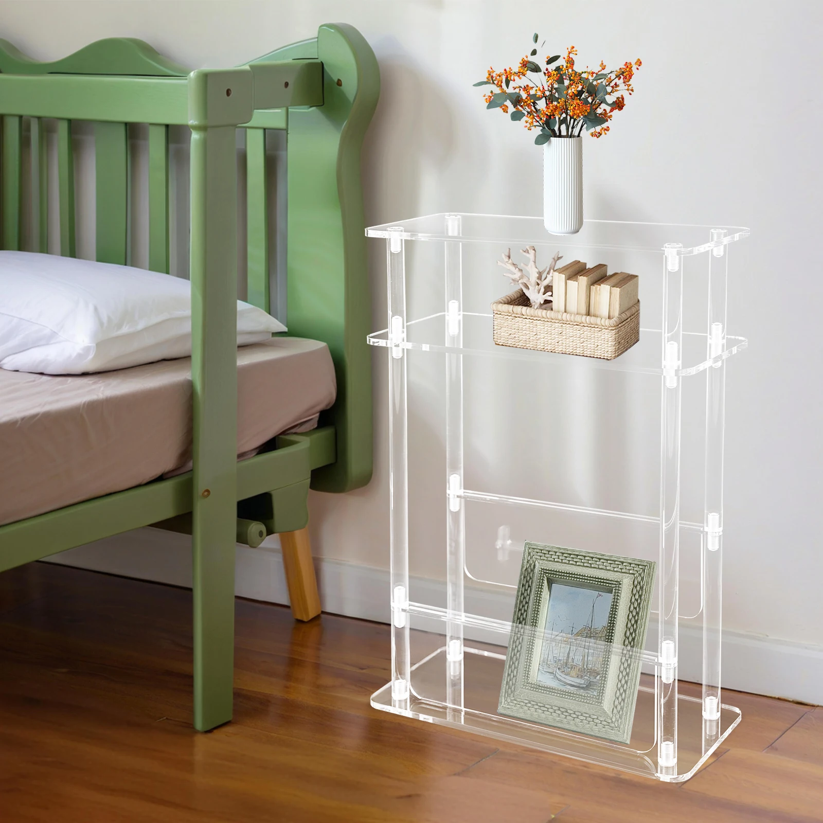 3 Tier Clear Acrylic Small Side Table Acrylic Narrow End Table for Small Spaces Slim Bedside Table with Magazine Holder
3 Tier Clear Acrylic Small Side Table Acrylic Narrow End Table for Small Spaces Slim Bedside Table with Magazine Holder