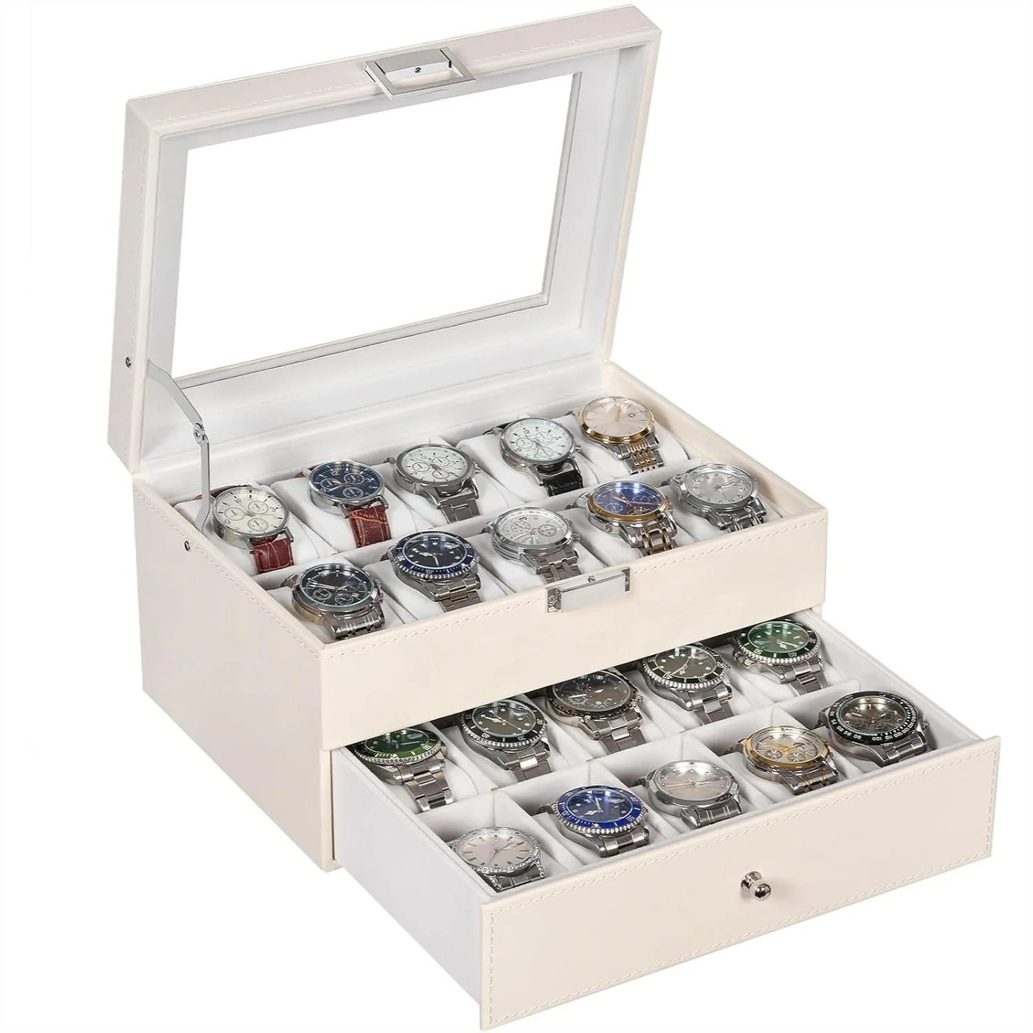 Watch Case 20-Slot Watch Box for Men, 2-Layer Display Case with Glass Lid, White Velvet Watch Storage Organizer with Removable
Watch Case 20-Slot Watch Box for Men, 2-Layer Display Case with Glass Lid, White Velvet Watch Storage Organizer with Removable