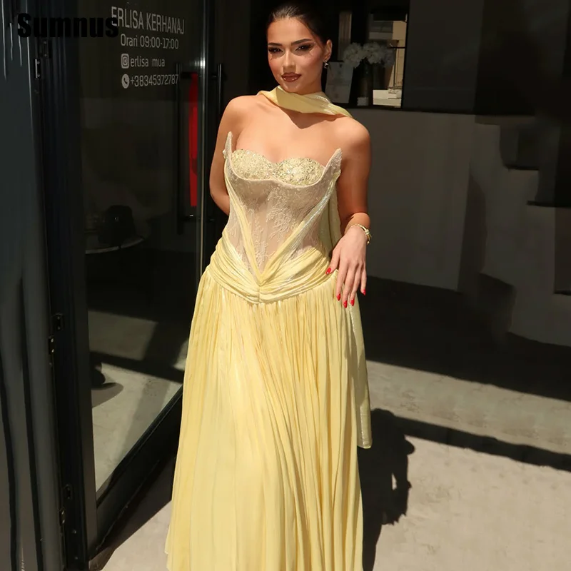 Sumnus Elegant A-Line Evening Dresses Yellow Sweetheart Lace Illusion Pleats Draped Sequined Prom Dress vestidos gala Customized
Sumnus Elegant A-Line Evening Dresses Yellow Sweetheart Lace Illusion Pleats Draped Sequined Prom Dress vestidos gala Customized