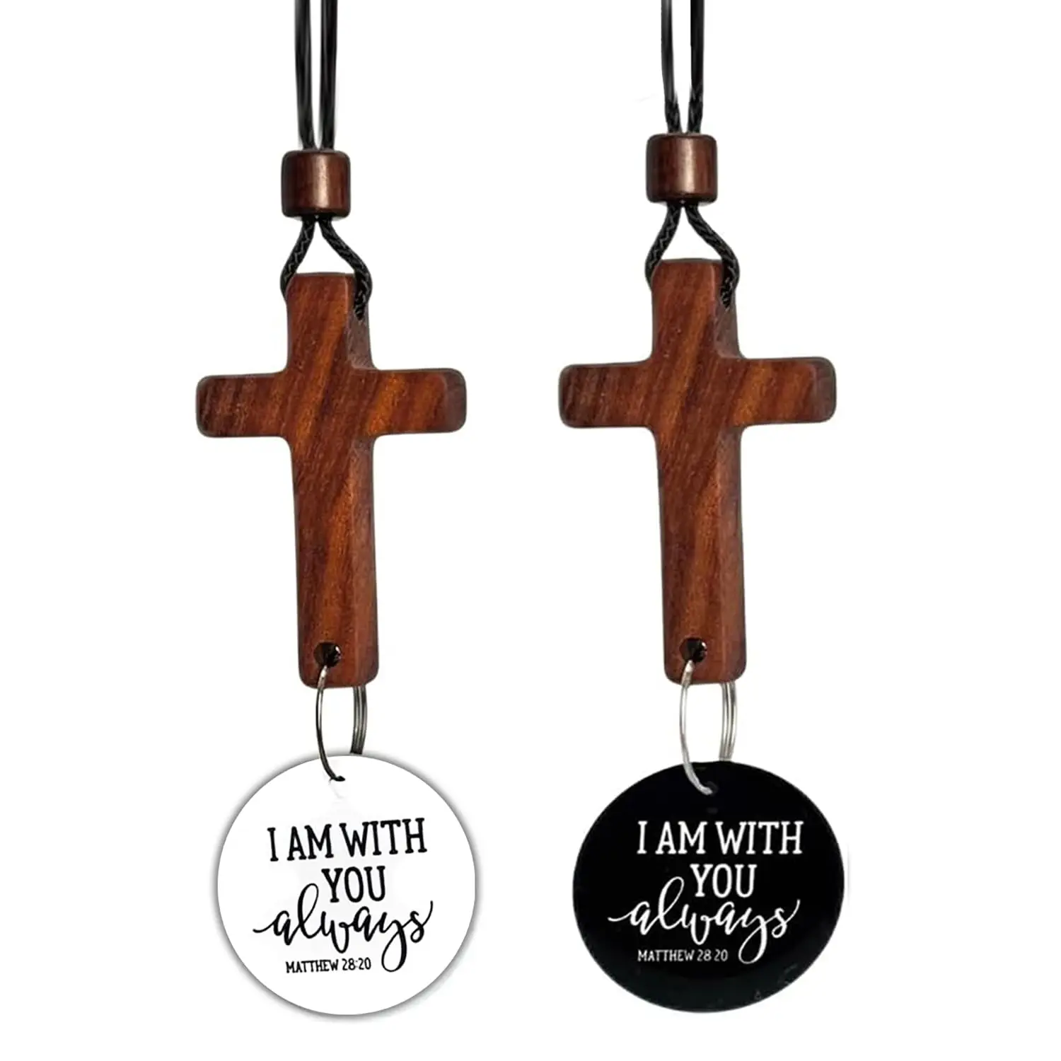 Wooden Cross Car Hanging Charm Set With Scripture Tag – “I Am With You Always” Matthew 28:20, Black & White Dual Design
Wooden Cross Car Hanging Charm Set With Scripture Tag – “I Am With You Always” Matthew 28:20, Black & White Dual Design