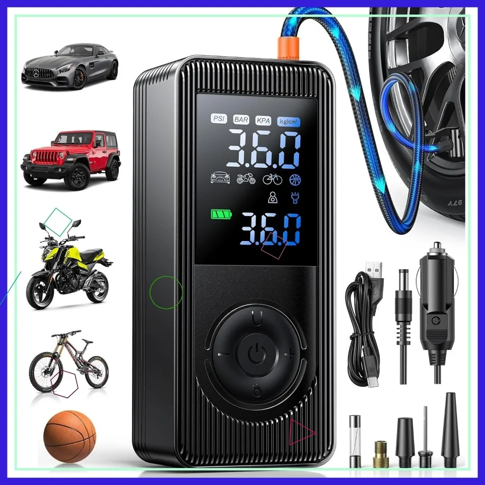 Portable Air Compressor - 150 PSI Fast Inflation, Rechargeable Battery & 12V DC for Car Bike Tires with LCD Display
Portable Air Compressor - 150 PSI Fast Inflation, Rechargeable Battery & 12V DC for Car Bike Tires with LCD Display