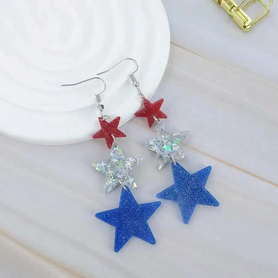 Shimmering Red, Iridescent, And Blue Star Triple-Layer Dangle Earrings For Casual Use And Patriotic Festivities
Shimmering Red, Iridescent, And Blue Star Triple-Layer Dangle Earrings For Casual Use And Patriotic Festivities