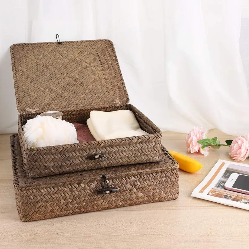 Set Of 2 Flat Woven Wicker Storage Bins With Lid Natural Seagrass Basket Multipurpose Home Boxes For Shelf Organizer (Cof
Set Of 2 Flat Woven Wicker Storage Bins With Lid Natural Seagrass Basket Multipurpose Home Boxes For Shelf Organizer (Cof