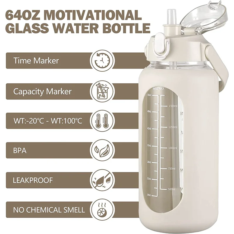 New 64Oz Glass Water Bottles with Straw, Glass Bottle with Silicone Sleeve and Time Marker, for Gym Home Office White
New 64Oz Glass Water Bottles with Straw, Glass Bottle with Silicone Sleeve and Time Marker, for Gym Home Office White