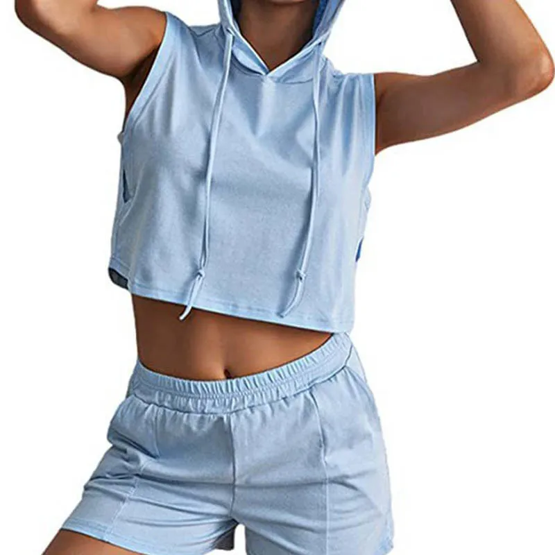 Летние женские спортивные спортивные костюмы, повседневный жилет без рукавов с капюшоном и шорты, комплекты из двух предметов, женская одежда 
Летние женские спортивные спортивные костюмы, повседневный жилет без рукавов с капюшоном и шорты, комплекты из двух предметов, женская одежда