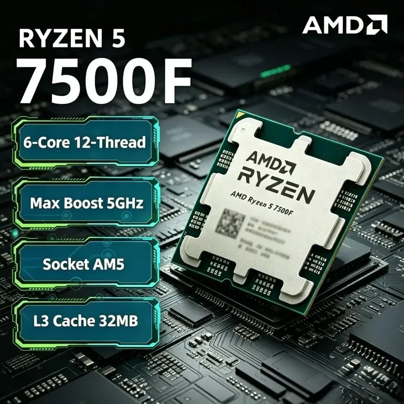 Desktop Gaming CPU AMD Ryzen5 7500F 5NM 3.7GHz 6Core12Thread 32MB L3 65W AM5 DDR5 High Performance Full Spec Processor
Desktop Gaming CPU AMD Ryzen5 7500F 5NM 3.7GHz 6Core12Thread 32MB L3 65W AM5 DDR5 High Performance Full Spec Processor