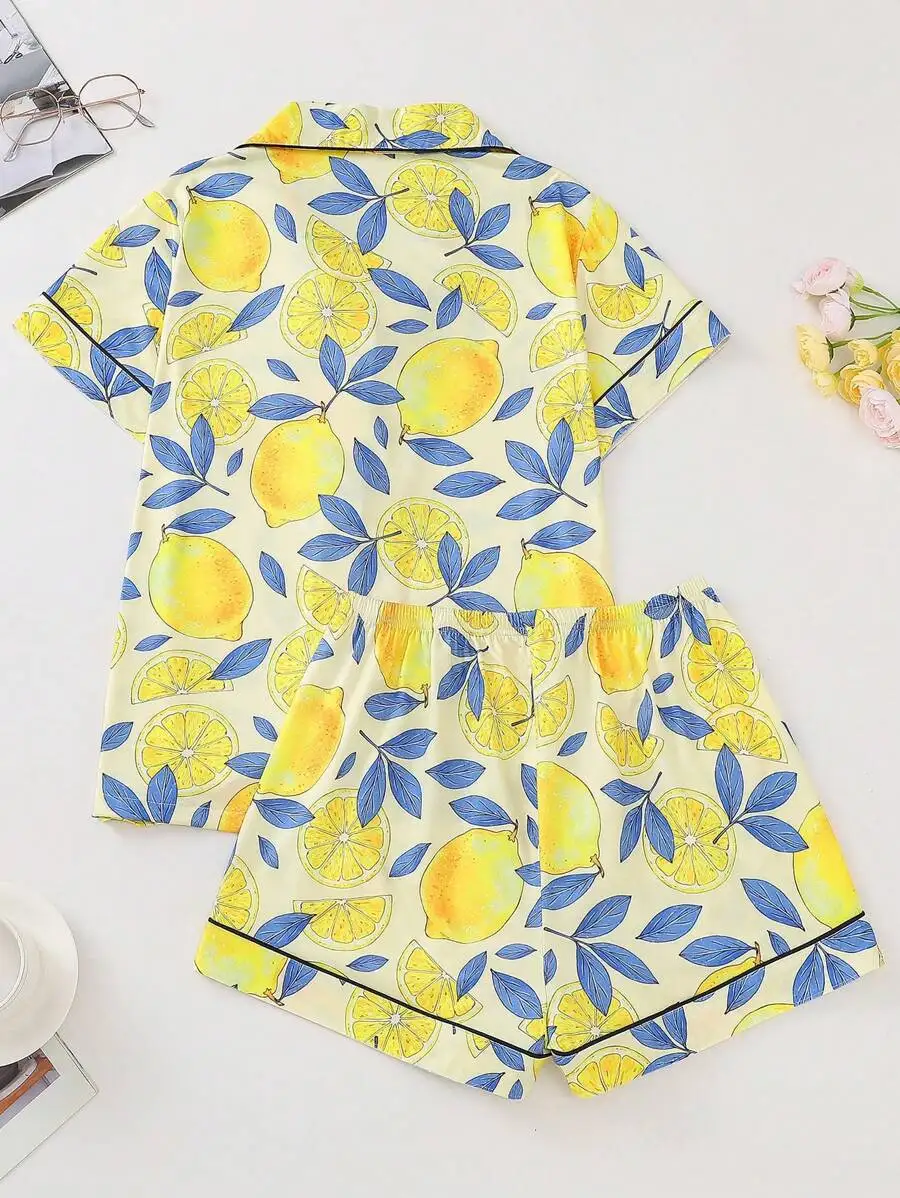 Women Lemon Print Pajama Set Collared Short Sleeve Top And Loose Shorts Vacation Style Sleepwear Loungewear
Women Lemon Print Pajama Set Collared Short Sleeve Top And Loose Shorts Vacation Style Sleepwear Loungewear