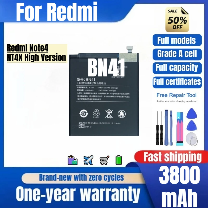 BN41 for Redmi Note4/NT4X High Version Phone Battery 0 Cycle High Quality Capacity Replacement Bateria Grade A Cell with Tools
BN41 for Redmi Note4/NT4X High Version Phone Battery 0 Cycle High Quality Capacity Replacement Bateria Grade A Cell with Tools