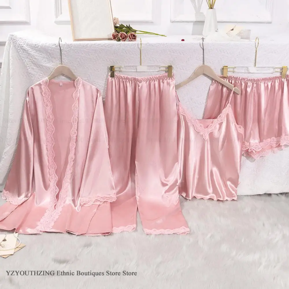 Female 4PCS Pajamas Set Sleepwear Pink Silk Satin Kimono Bath Robe Gown Spring Summer Nightwear Home Clothes Rayon Loungewear
Female 4PCS Pajamas Set Sleepwear Pink Silk Satin Kimono Bath Robe Gown Spring Summer Nightwear Home Clothes Rayon Loungewear
