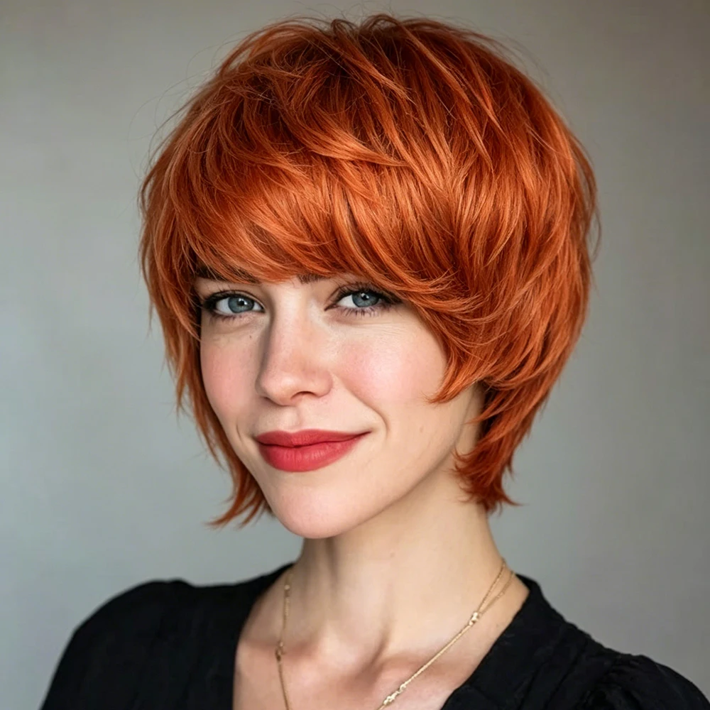 Women'S Short Orange straight Pixie Cut Human Hair Wig With Bangs Color Orange Layered Short Wig With Bangs Machine Made
Women'S Short Orange straight Pixie Cut Human Hair Wig With Bangs Color Orange Layered Short Wig With Bangs Machine Made