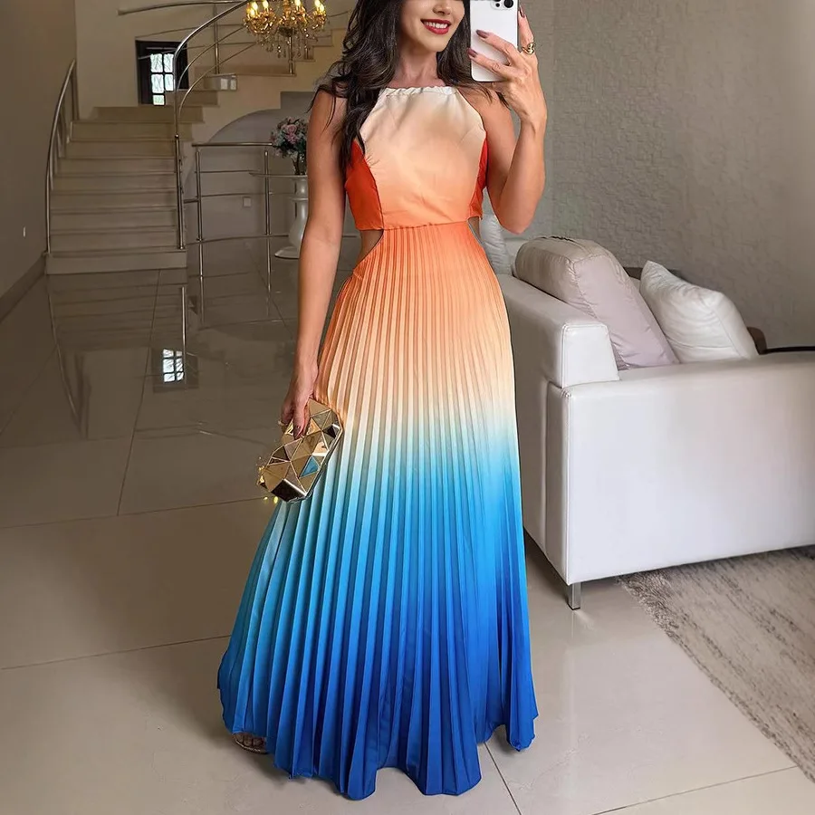 Gradient Halter Neck Pleated Long Dresses Women Sexy Backless Leace-up Beach Vacation Dress Female Vestidos 2026 Summer New
Gradient Halter Neck Pleated Long Dresses Women Sexy Backless Leace-up Beach Vacation Dress Female Vestidos 2026 Summer New