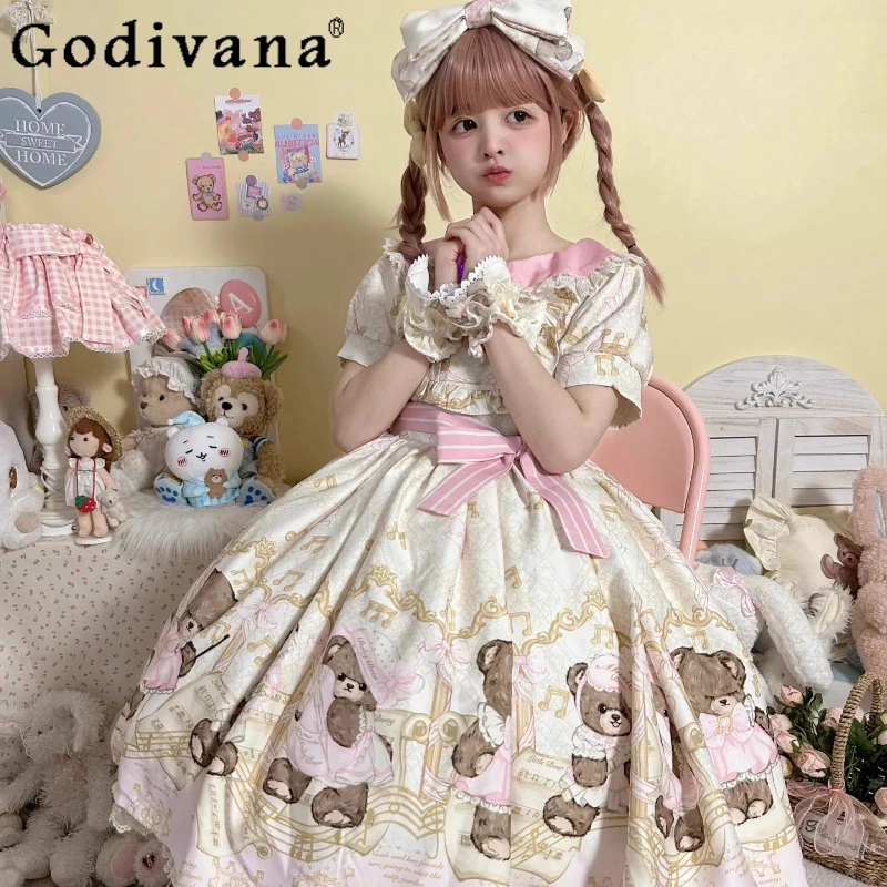 Sweet Girls Kawaii Bear Print Dress Op Women's Japanese Lolita Style Cute Bow Short Sleeve Dress Daughter Daily Birthday Dress
Sweet Girls Kawaii Bear Print Dress Op Women's Japanese Lolita Style Cute Bow Short Sleeve Dress Daughter Daily Birthday Dress