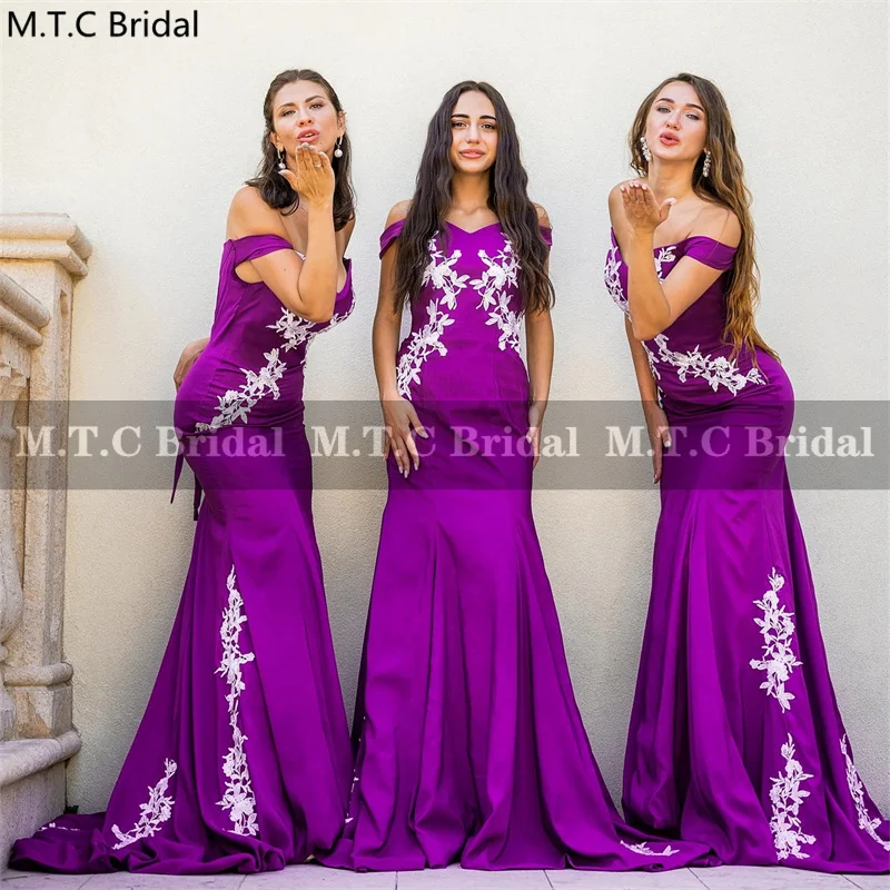 Purple Long Mermaid Bridesmaid Dresses White Appliques Lace Up Back Elegant Formal Gowns For Wedding Party
Purple Long Mermaid Bridesmaid Dresses White Appliques Lace Up Back Elegant Formal Gowns For Wedding Party