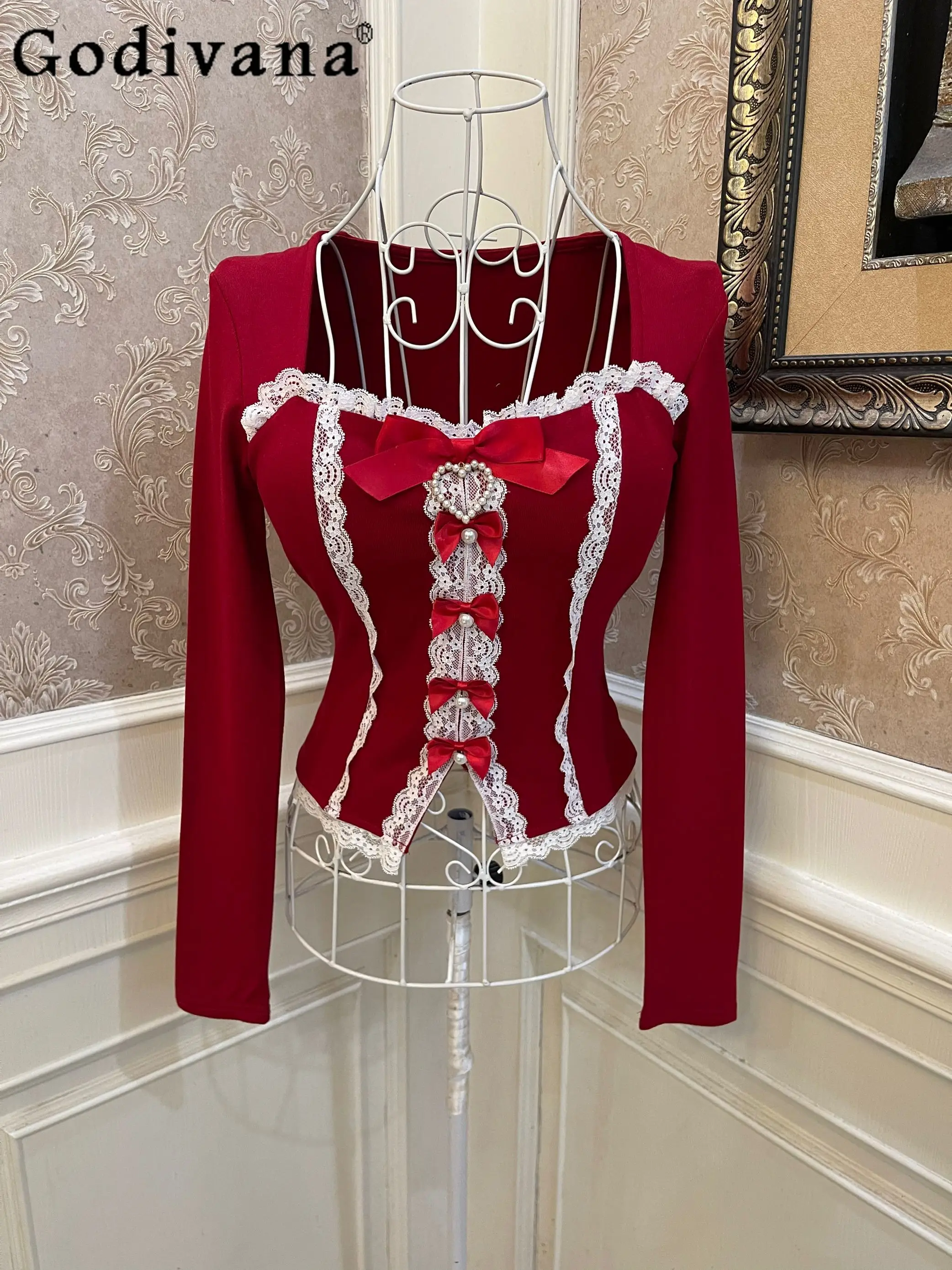 French Celebrity Style Red Lolita Long-sleeved Top Spring New Women's Sweet Cute Bow Lace Edge Slim Fit Heavy Industry T-Shirts
French Celebrity Style Red Lolita Long-sleeved Top Spring New Women's Sweet Cute Bow Lace Edge Slim Fit Heavy Industry T-Shirts