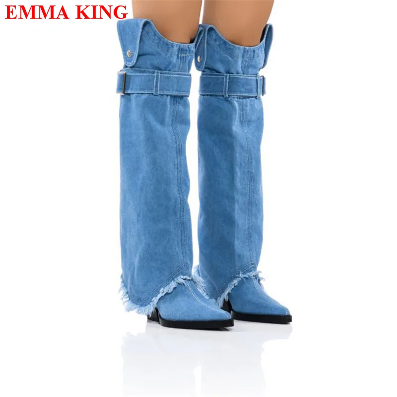 New Blue Denim Knee High Boots Pointed Toe Chunky High Heels Slip-On Women's Autumn Winter Shoes Western Cowboy Boots Woman
New Blue Denim Knee High Boots Pointed Toe Chunky High Heels Slip-On Women's Autumn Winter Shoes Western Cowboy Boots Woman