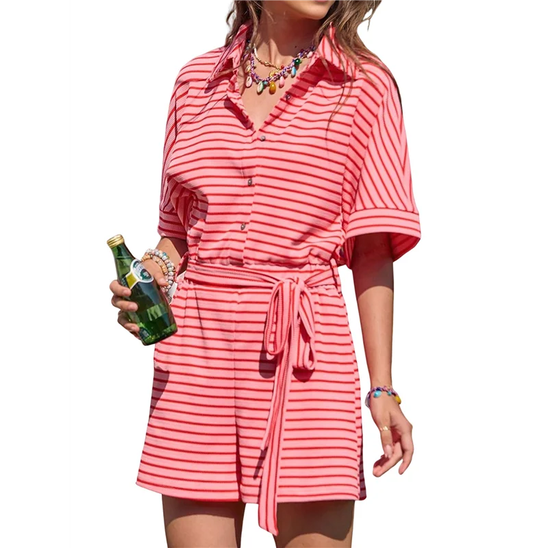 Популярный Kf-женский летний повседневный полосатый комбинезон с коротким рукавом на пуговицах с поясом и эластичной резинкой на талии, короткий комбинезон
Популярный Kf-женский летний повседневный полосатый комбинезон с коротким рукавом на пуговицах с поясом и эластичной резинкой на талии, короткий комбинезон