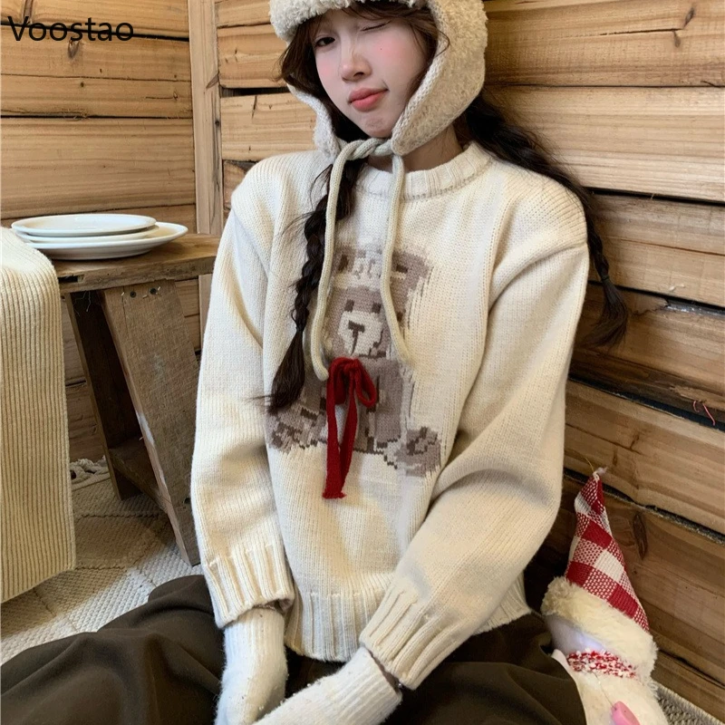 Autumn Winter Kawaii Knitted Pullovers Women Vintage Bow Christmas Cartoon Bear Jacquard Sweaters Tops Sweet Loose Knitwear Coat
Autumn Winter Kawaii Knitted Pullovers Women Vintage Bow Christmas Cartoon Bear Jacquard Sweaters Tops Sweet Loose Knitwear Coat
