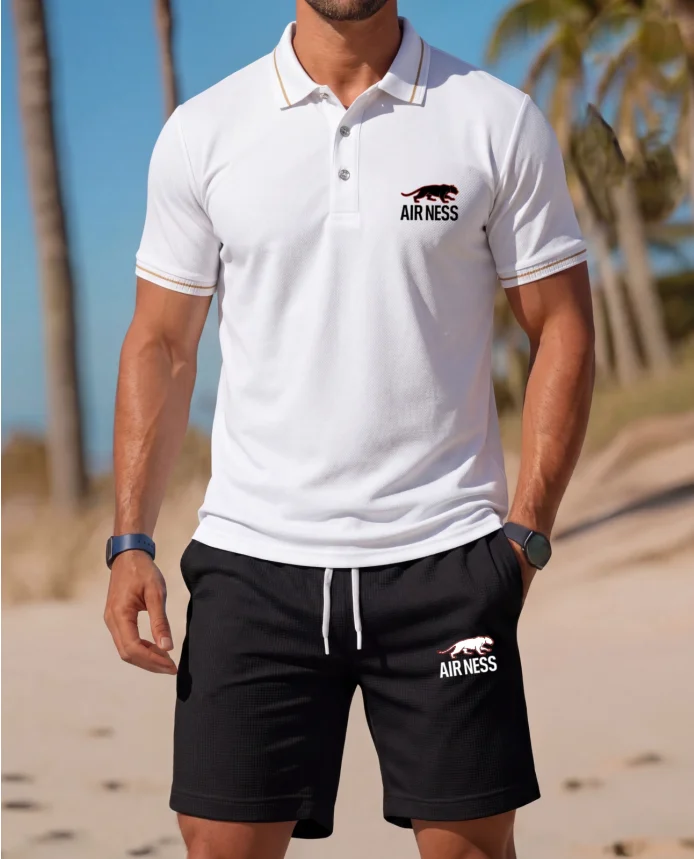 Men's 2 Piece Casual Beach Polo Shirt & Short Set with Leopard Logo White & Black Summer Outdoor Sports Matching Outfit
Men's 2 Piece Casual Beach Polo Shirt & Short Set with Leopard Logo White & Black Summer Outdoor Sports Matching Outfit