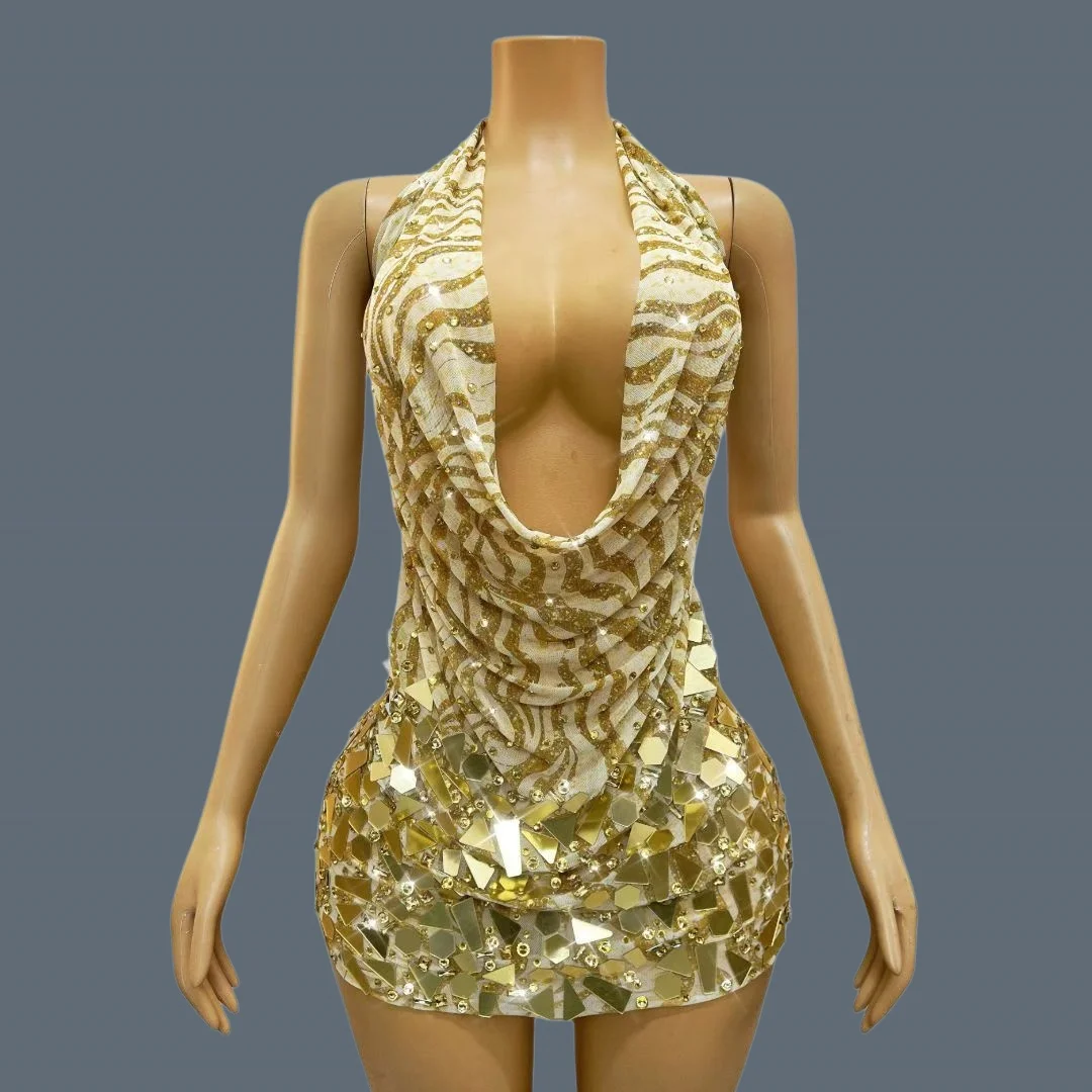 Sparkly Rhinestone Gold Zebra Print Mirror Mini Dress Halter Neck Bodycon Clubwear Nightclub Party Prom Performance Dress Jinsui
Sparkly Rhinestone Gold Zebra Print Mirror Mini Dress Halter Neck Bodycon Clubwear Nightclub Party Prom Performance Dress Jinsui