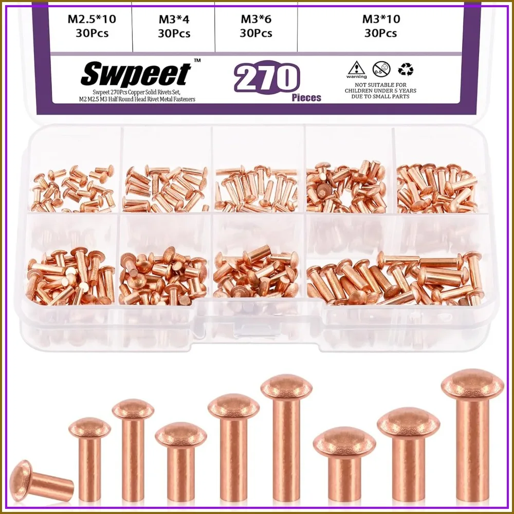270Pcs M2 M2.5 M3 Half Round Head Copper Solid Rivets Set for Electrical, Belts, Wallets, Leather DIY
270Pcs M2 M2.5 M3 Half Round Head Copper Solid Rivets Set for Electrical, Belts, Wallets, Leather DIY