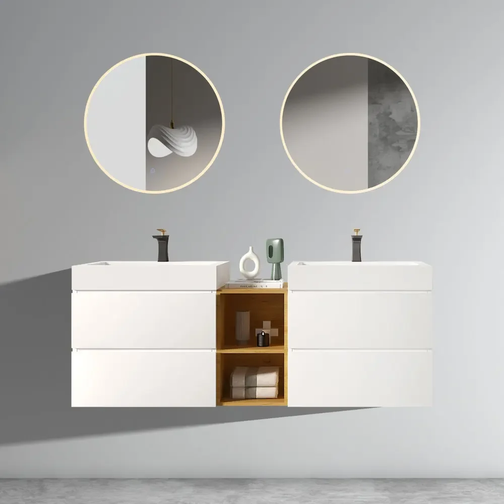 U062-Alice60W-201 Alice 60" White Bathroom Vanity With Double Sinks And Open Shelf, Modern Wall Mounted Floating Bathroom Vanity
U062-Alice60W-201 Alice 60" White Bathroom Vanity With Double Sinks And Open Shelf, Modern Wall Mounted Floating Bathroom Vanity