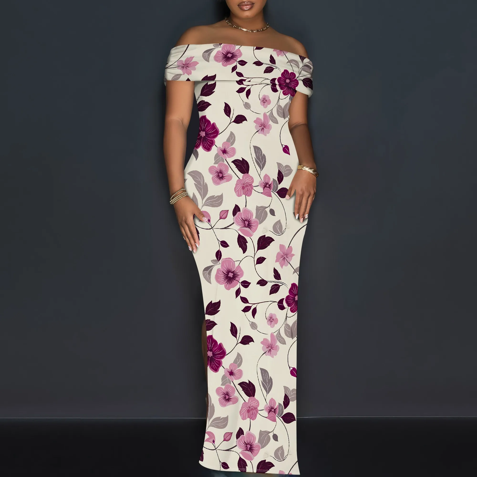 Elegant Off Shoulder Floral Print Maxi Dress for Women Pink Purple Flowers Slim Fit Summer Dress
Elegant Off Shoulder Floral Print Maxi Dress for Women Pink Purple Flowers Slim Fit Summer Dress