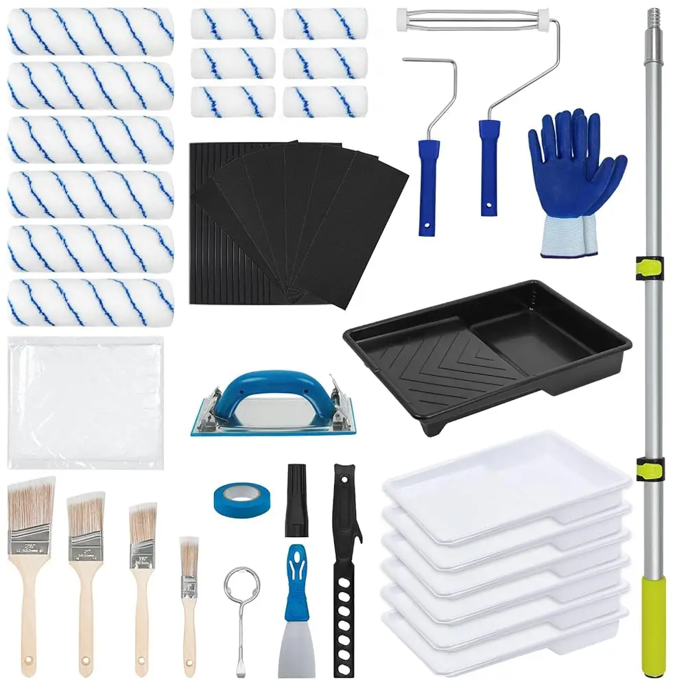 54 PCS Paint Roller Kit with Extension Pole, All-in-One Painting Supplies & Repair Set for Home DIY - Includes 4” & 9” Roller
54 PCS Paint Roller Kit with Extension Pole, All-in-One Painting Supplies & Repair Set for Home DIY - Includes 4” & 9” Roller