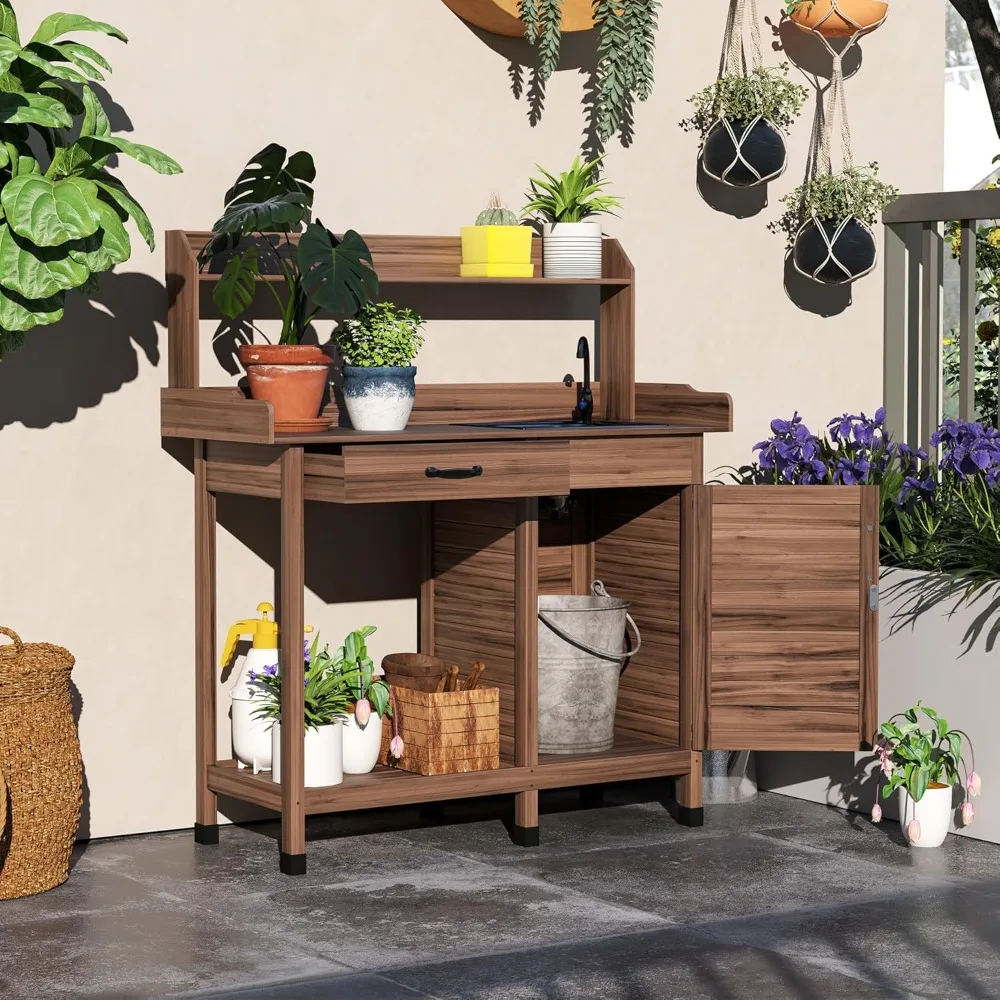 Potting Bench Table with Sink, Outdoor Work Bench Table with Storage Cabinet, Hooks, Removable Sink
Potting Bench Table with Sink, Outdoor Work Bench Table with Storage Cabinet, Hooks, Removable Sink