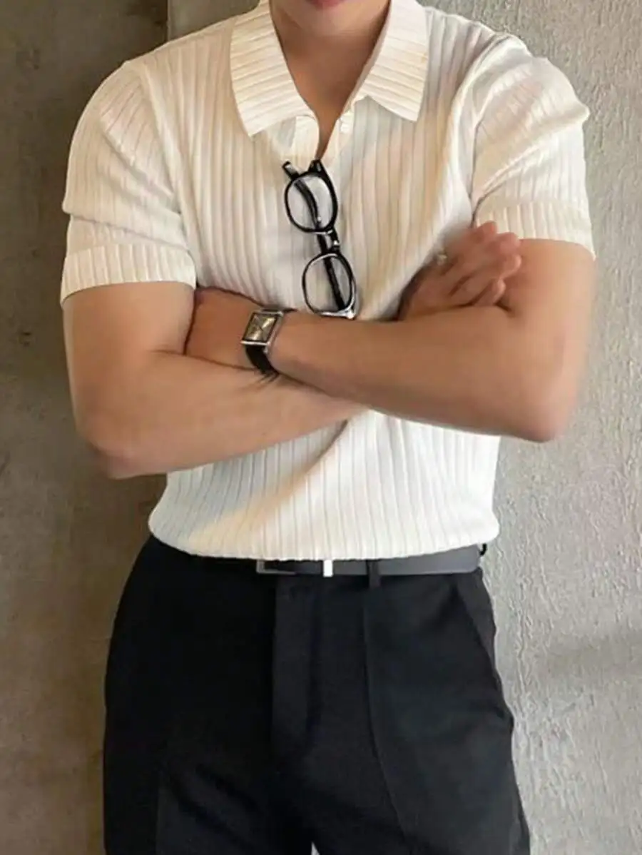 Men's Ribbed Short Sleeve Polo Shirt, Minimalist Casual Business Style
Men's Ribbed Short Sleeve Polo Shirt, Minimalist Casual Business Style