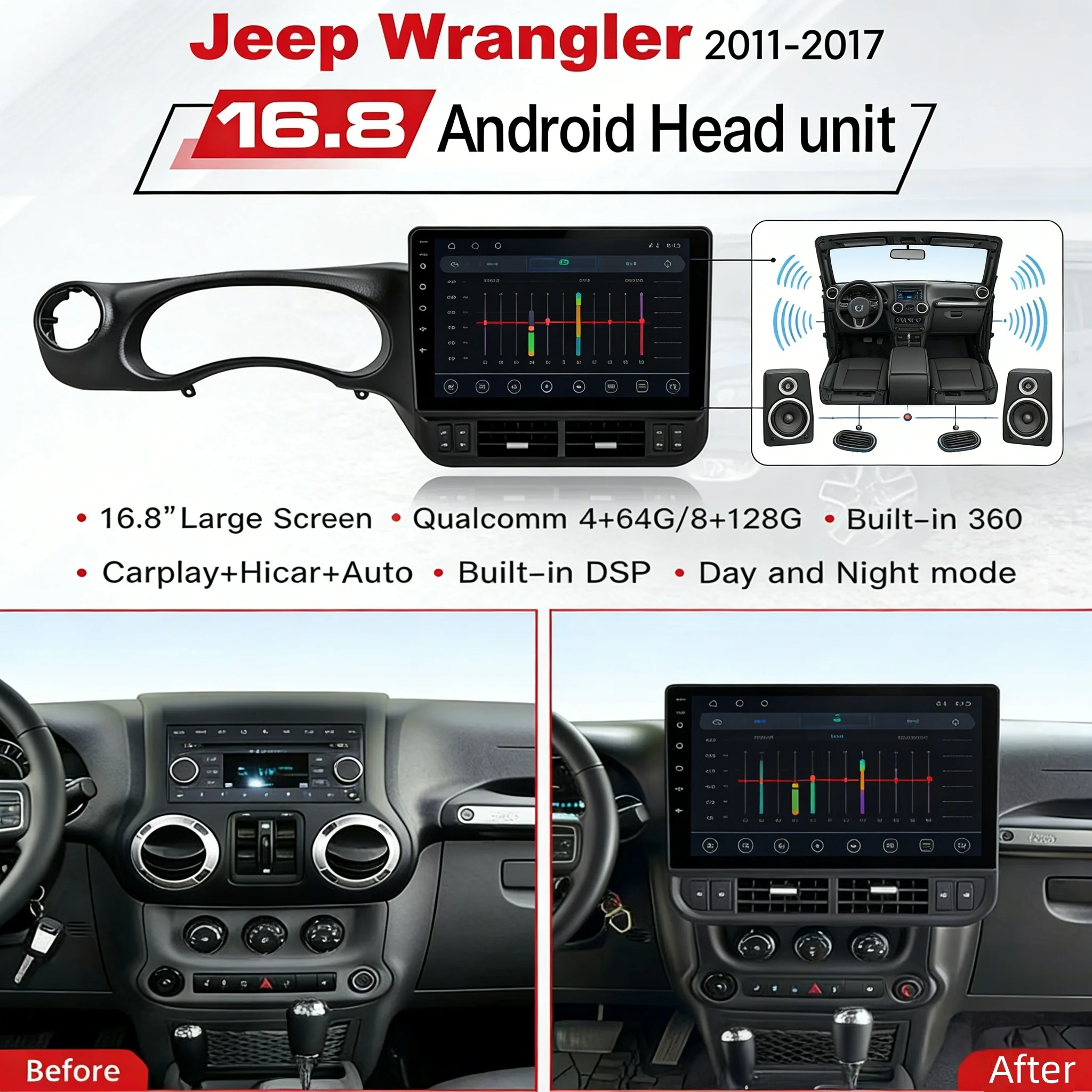2K-экран Giant 16.8 дюймов, беспроводной Carplay, Android 13 для Jeep Wrangler 3 JK 2011-2017, мультимедийный проигрыватель, GPS-навигация, BT, 4G, DSP, FM
2K-экран Giant 16.8 дюймов, беспроводной Carplay, Android 13 для Jeep Wrangler 3 JK 2011-2017, мультимедийный проигрыватель, GPS-навигация, BT, 4G, DSP, FM