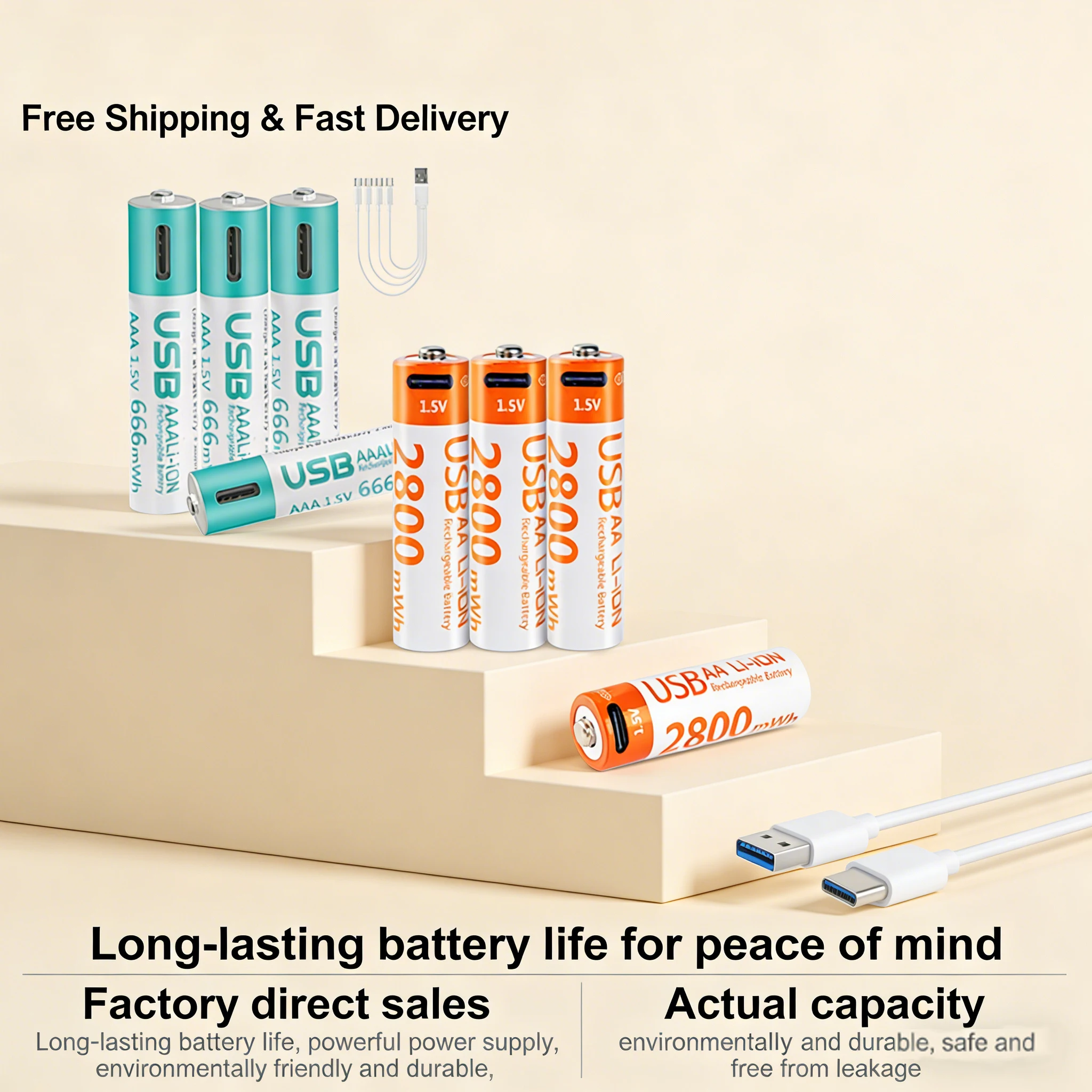 1.5V AA AAA Rechargeable Lithium Battery Set 2800mWh AA + 666mWh AAA USB Li-ion Batteries for Mouse, Keyboard, Toy, Remote
1.5V AA AAA Rechargeable Lithium Battery Set 2800mWh AA + 666mWh AAA USB Li-ion Batteries for Mouse, Keyboard, Toy, Remote
