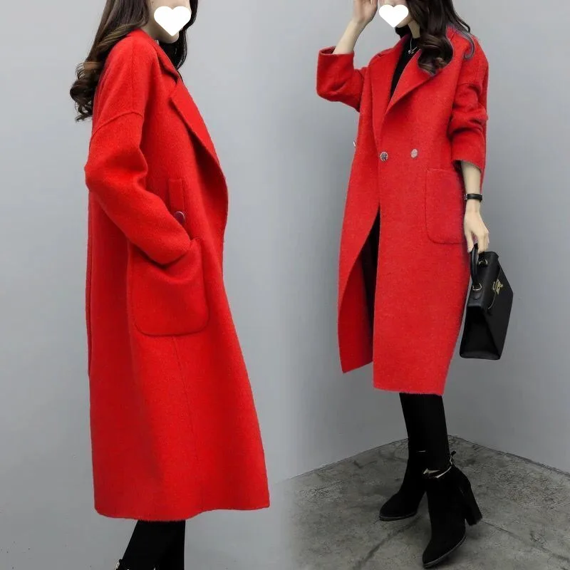 Spring and autumn new Korean version of solid color woolen coat female loose over the knee mid-length large size wool coat
Spring and autumn new Korean version of solid color woolen coat female loose over the knee mid-length large size wool coat