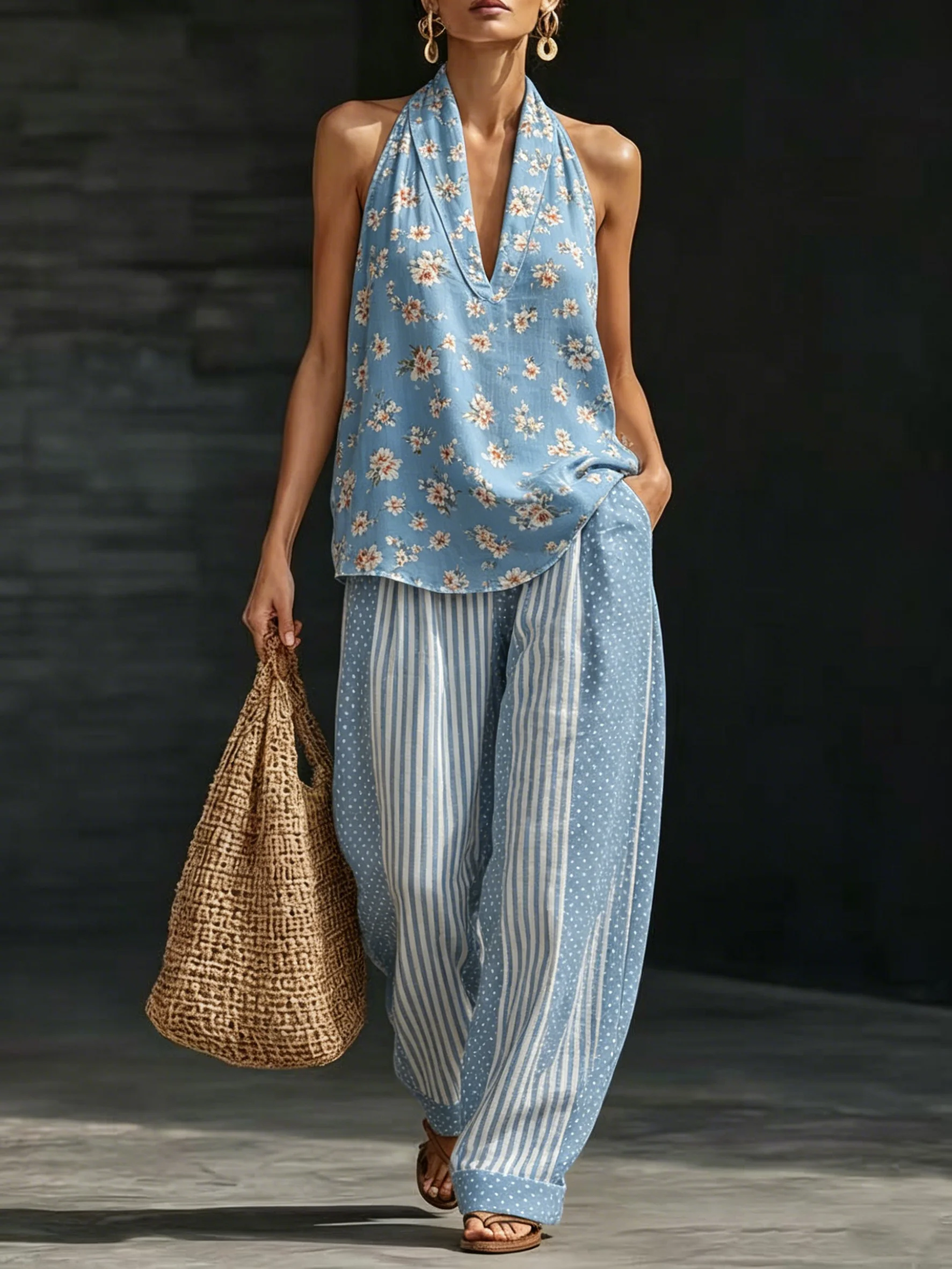 Women's Summer Floral Printed Two Piece Set Halter V Neck Tank Top & Striped Wide Leg Pants Casual Loose Matching Outfit
Women's Summer Floral Printed Two Piece Set Halter V Neck Tank Top & Striped Wide Leg Pants Casual Loose Matching Outfit