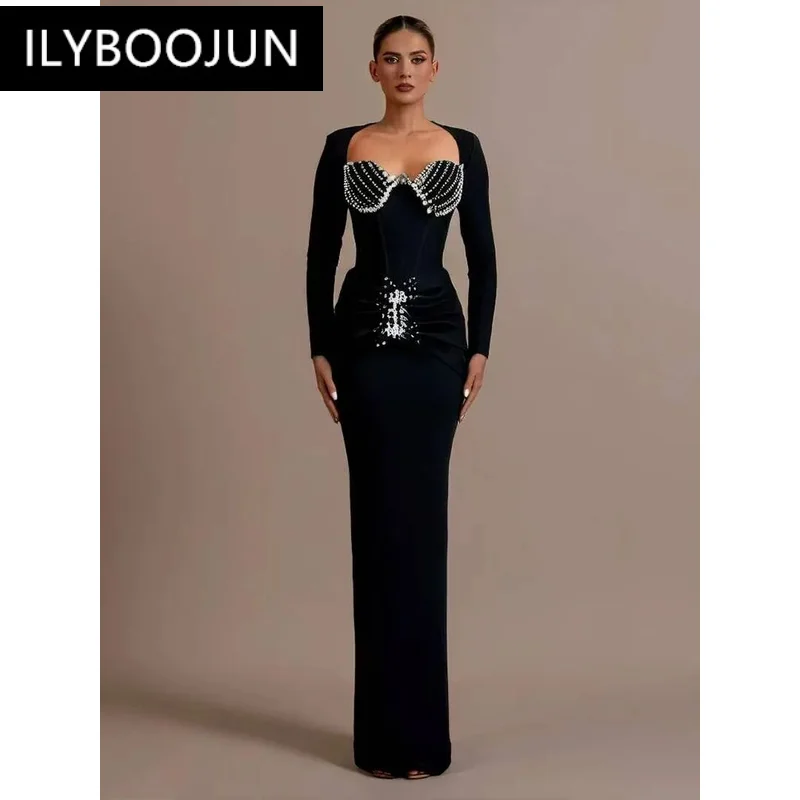 Sexy Long Sleeve Luxury Diamonds Bandage Dress Women Black Crystal Folds Bodycon Long Dresses Elegant Evening Party Gowns
Sexy Long Sleeve Luxury Diamonds Bandage Dress Women Black Crystal Folds Bodycon Long Dresses Elegant Evening Party Gowns