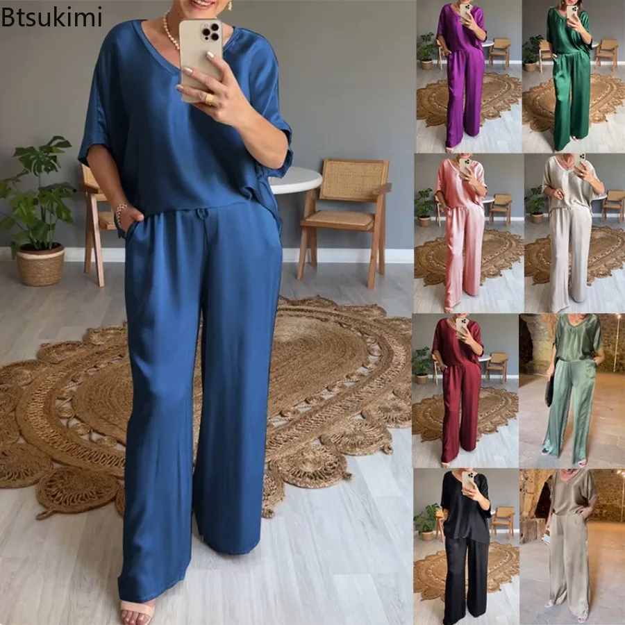 Women's Summer Short Sleeve T-shirt and Pants 2PCS Sets V-neck Top Pullover and Wide-leg Pants Suit Female Loose Satin Suit Sets
Women's Summer Short Sleeve T-shirt and Pants 2PCS Sets V-neck Top Pullover and Wide-leg Pants Suit Female Loose Satin Suit Sets
