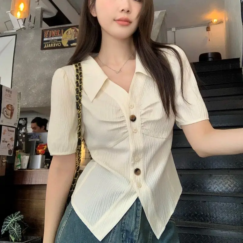 Women Summer Short Sleeve Lapel V Neck Knit Top Ruched Button Down Slim Fit Casual Blouse
Women Summer Short Sleeve Lapel V Neck Knit Top Ruched Button Down Slim Fit Casual Blouse