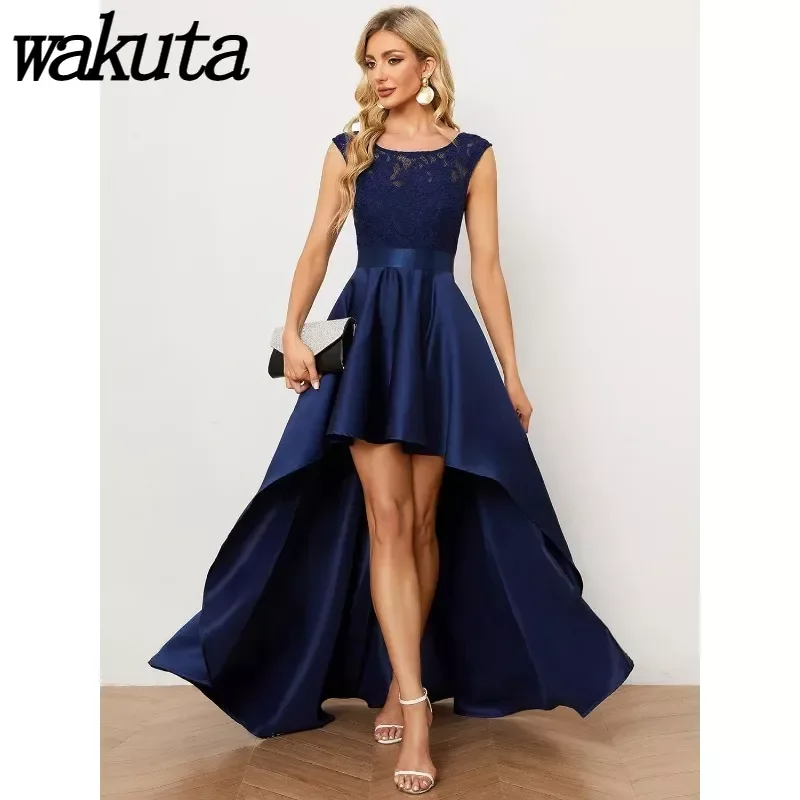 Wakuta Elegant Women's Sleeveless Round Neck Asymmetry Hem Lace Satin Summer Modern Wedding Guest Dresses فساتين مناسبات
Wakuta Elegant Women's Sleeveless Round Neck Asymmetry Hem Lace Satin Summer Modern Wedding Guest Dresses فساتين مناسبات