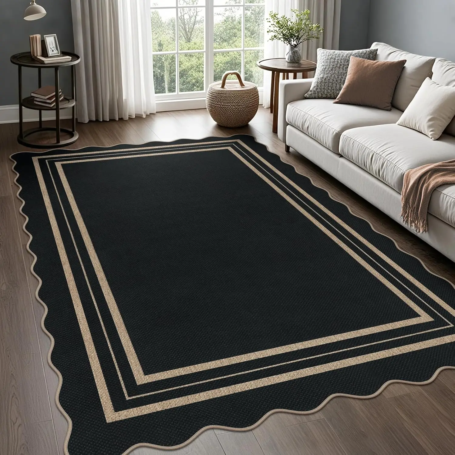 Scalloped 5x7 Rug for Living Room, Easy Care Jute-Look Outdoor Patio Carpet, Farmhouse Black Geometric Non Slip Rug
Scalloped 5x7 Rug for Living Room, Easy Care Jute-Look Outdoor Patio Carpet, Farmhouse Black Geometric Non Slip Rug
