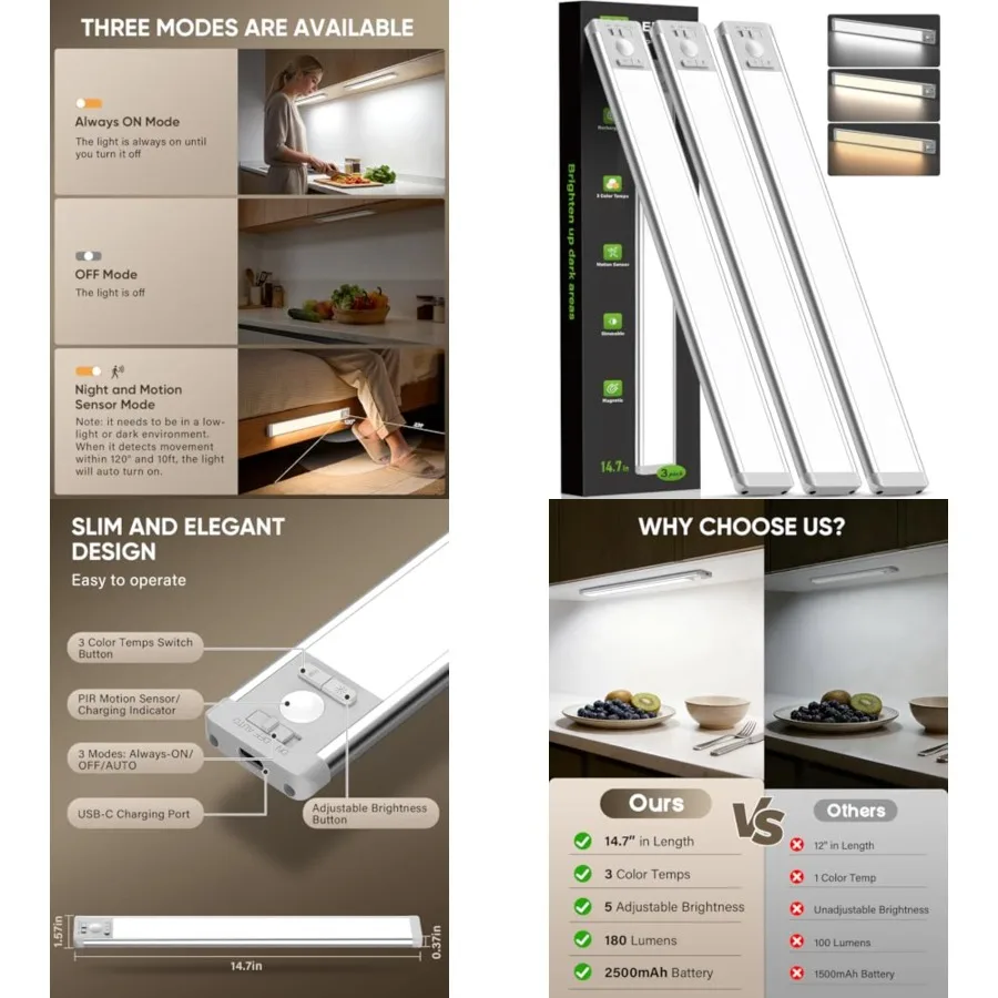Pack Under Cabinet Lighting, Rechargeable Motion Sensor Light Indoor with Color Temps, Dimmable Magnetic Led Closet Lights, Wir
Pack Under Cabinet Lighting, Rechargeable Motion Sensor Light Indoor with Color Temps, Dimmable Magnetic Led Closet Lights, Wir