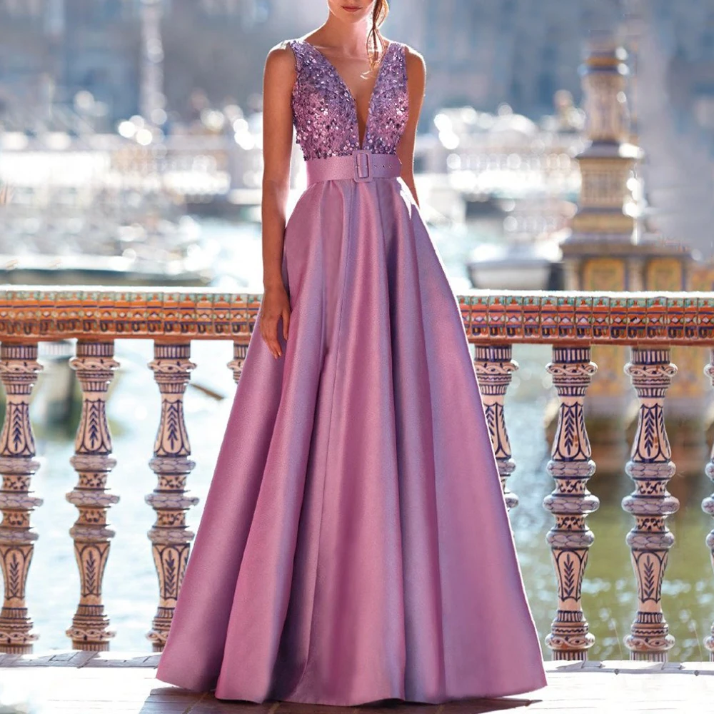 Fashion A-Line Evening Dress Sleevless with Belt Floor Length Satin and Sequin Women Sexy Open Back Banquet Customized Gowns
Fashion A-Line Evening Dress Sleevless with Belt Floor Length Satin and Sequin Women Sexy Open Back Banquet Customized Gowns