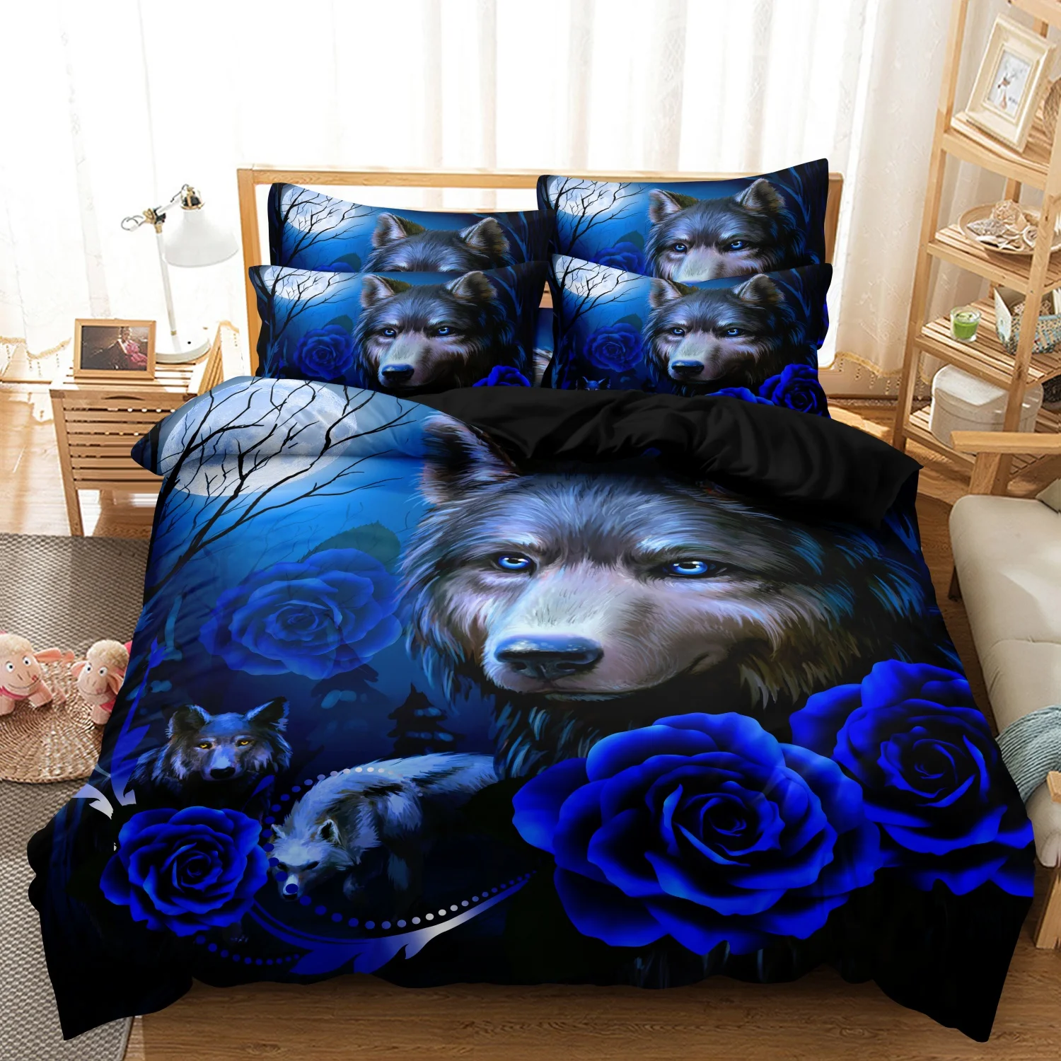3pcs Wolf and Blue Rose Print Duvet Cover Set Black Background Wildlife Bedding Set, Used For Family Bedrooms Dormitories Hotels
3pcs Wolf and Blue Rose Print Duvet Cover Set Black Background Wildlife Bedding Set, Used For Family Bedrooms Dormitories Hotels