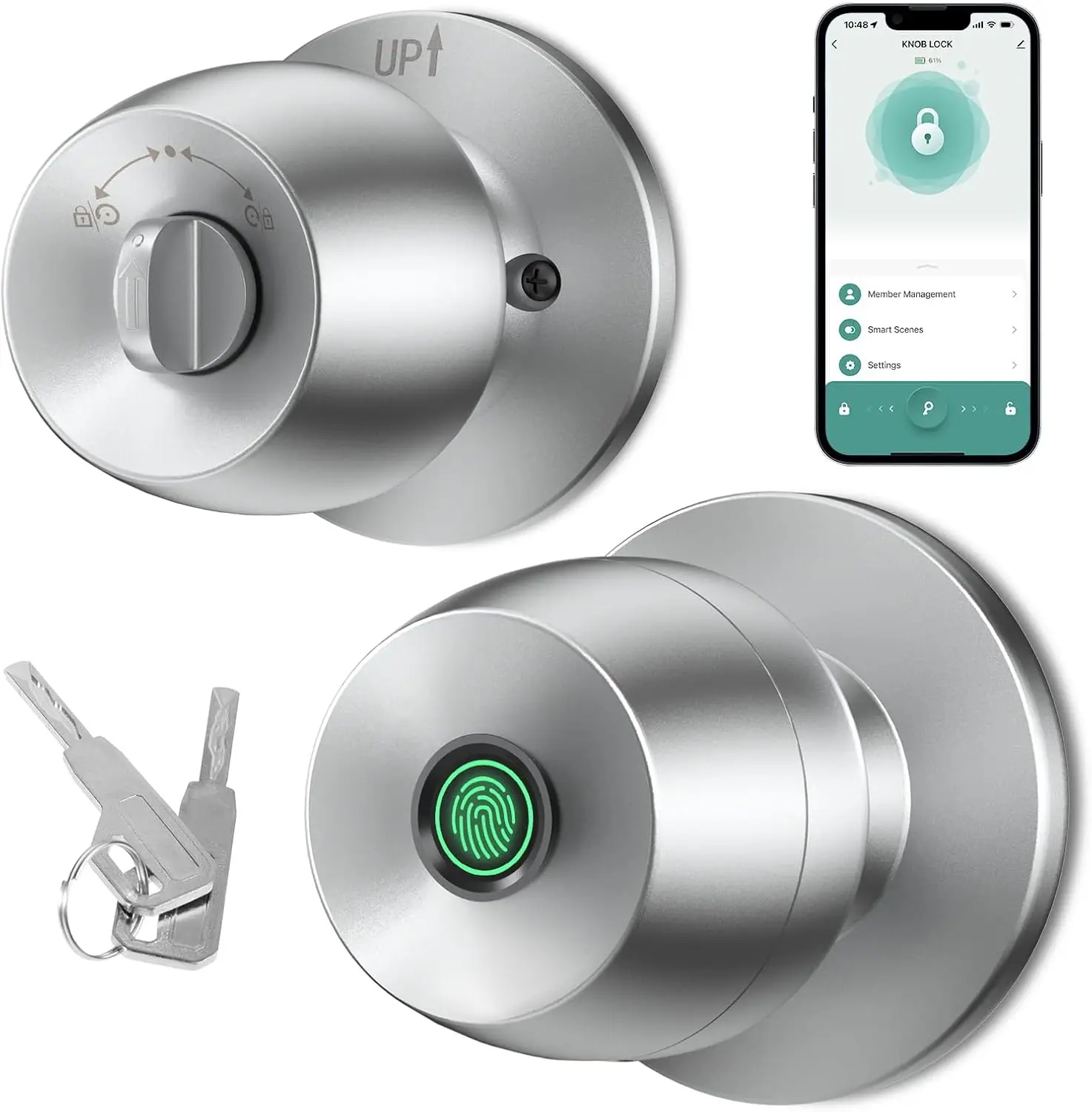 Smart Fingerprint Door Knob with App Control, Keyless Entry for Bedrooms, Offices, Hotels in Silver
Smart Fingerprint Door Knob with App Control, Keyless Entry for Bedrooms, Offices, Hotels in Silver