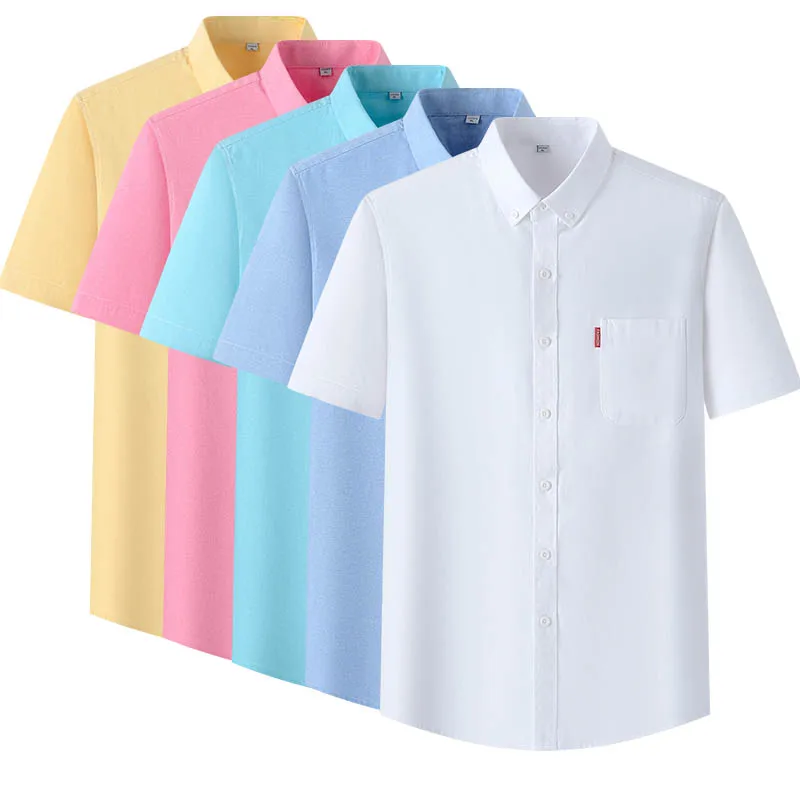 Мужские рубашки-оксфорды из 100% хлопка с коротким рукавом, однотонные, с отложным воротником, стандартная посадка, повседневная мужская одежда, белая рубашка на пуговицах 
Мужские рубашки-оксфорды из 100% хлопка с коротким рукавом, однотонные, с отложным воротником, стандартная посадка, повседневная мужская одежда, белая рубашка на пуговицах