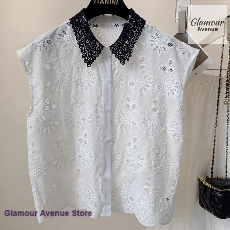 French style thin perspective lace lapel vest women's summer new S flower embroidery age-reducing Joker sleeveless casual shirt
French style thin perspective lace lapel vest women's summer new S flower embroidery age-reducing Joker sleeveless casual shirt