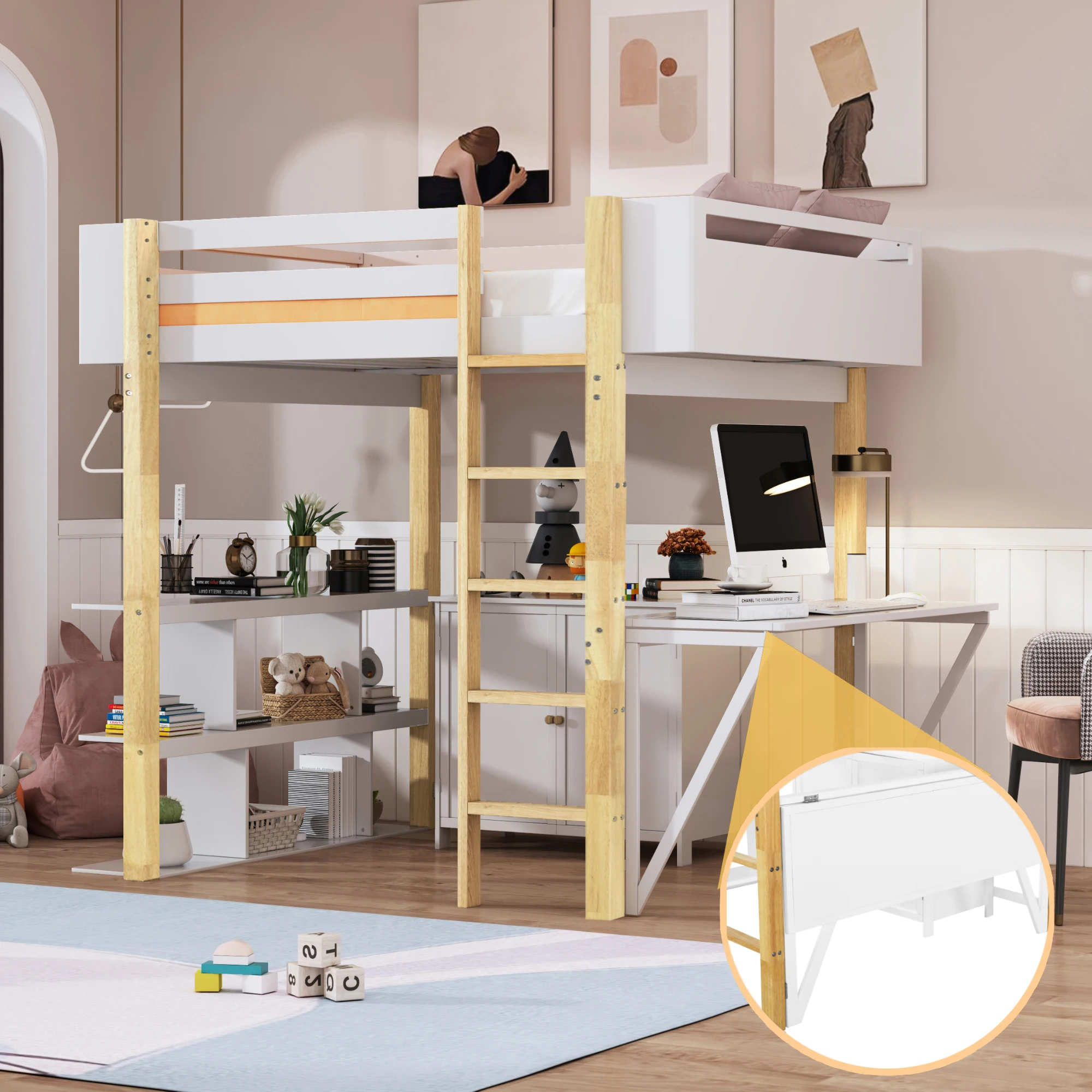 Full Size Wood Loft Bed With Built-in Storage Cabinet and Cubes, Foldable Desk, White 76.50x59.40x69 in.
Full Size Wood Loft Bed With Built-in Storage Cabinet and Cubes, Foldable Desk, White 76.50x59.40x69 in.