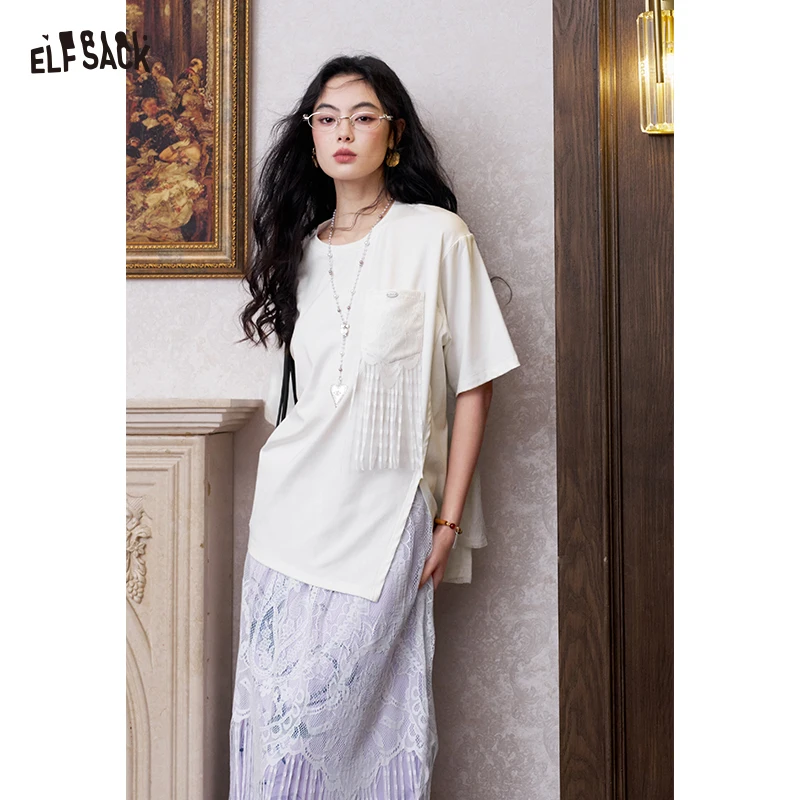 ELFSACK Chinese Style Lace Back Knit T-Shirt, Asymmetrical Hem Tassel Pocket Romantic Tee, Oriental Aesthetic Loose Fit Top
ELFSACK Chinese Style Lace Back Knit T-Shirt, Asymmetrical Hem Tassel Pocket Romantic Tee, Oriental Aesthetic Loose Fit Top