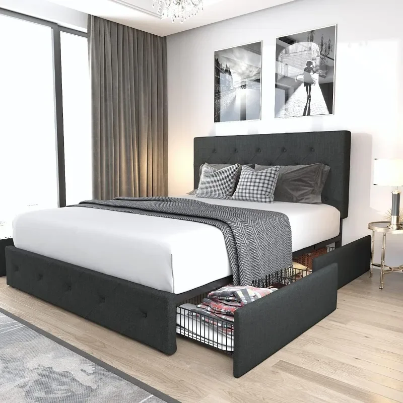 Upholstered Queen Size Platform Bed Frame with 4 Storage Drawers and Headboard, Diamond Stitched Button Tufted, Dark Grey
Upholstered Queen Size Platform Bed Frame with 4 Storage Drawers and Headboard, Diamond Stitched Button Tufted, Dark Grey